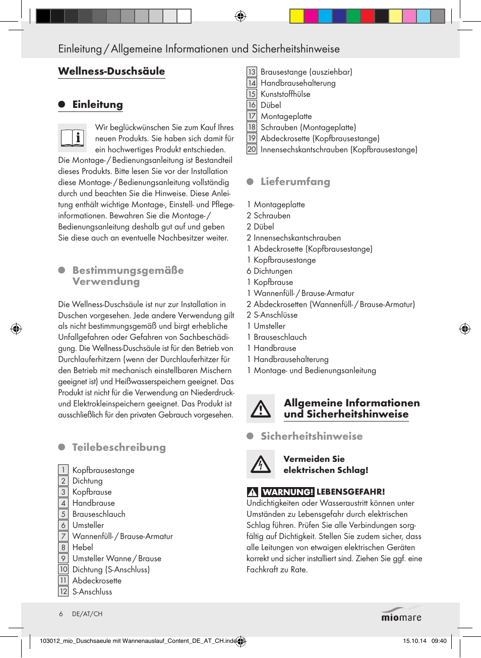 Wellness-duschsäule einleitung, Bestimmungsgemäße verwendung, Teilebeschreibung | Lieferumfang | Miomare Mixer Shower User Manual | Page 6 / 29