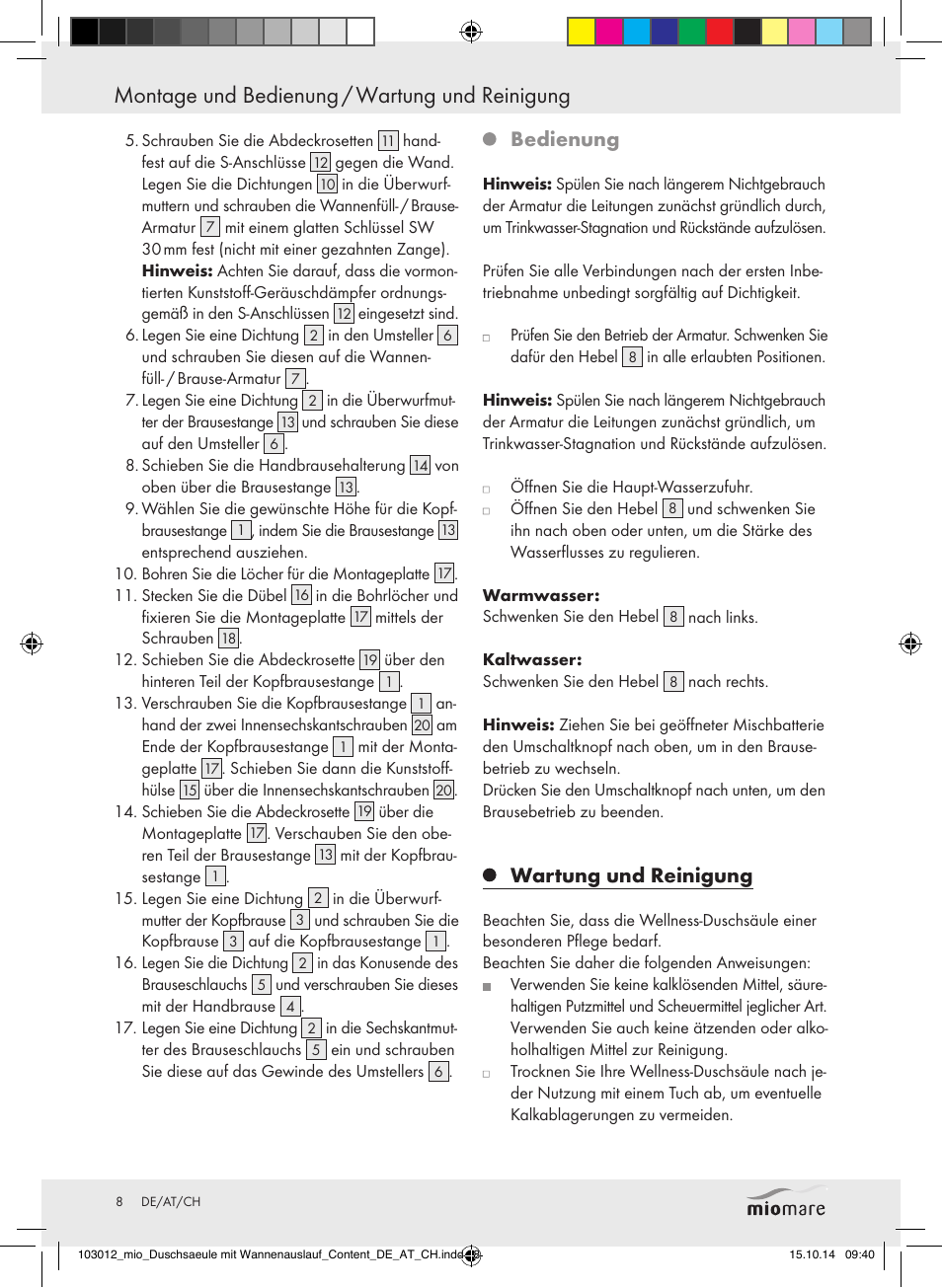 Bedienung, Wartung und reinigung | Miomare Mixer Shower User Manual | Page 8 / 29