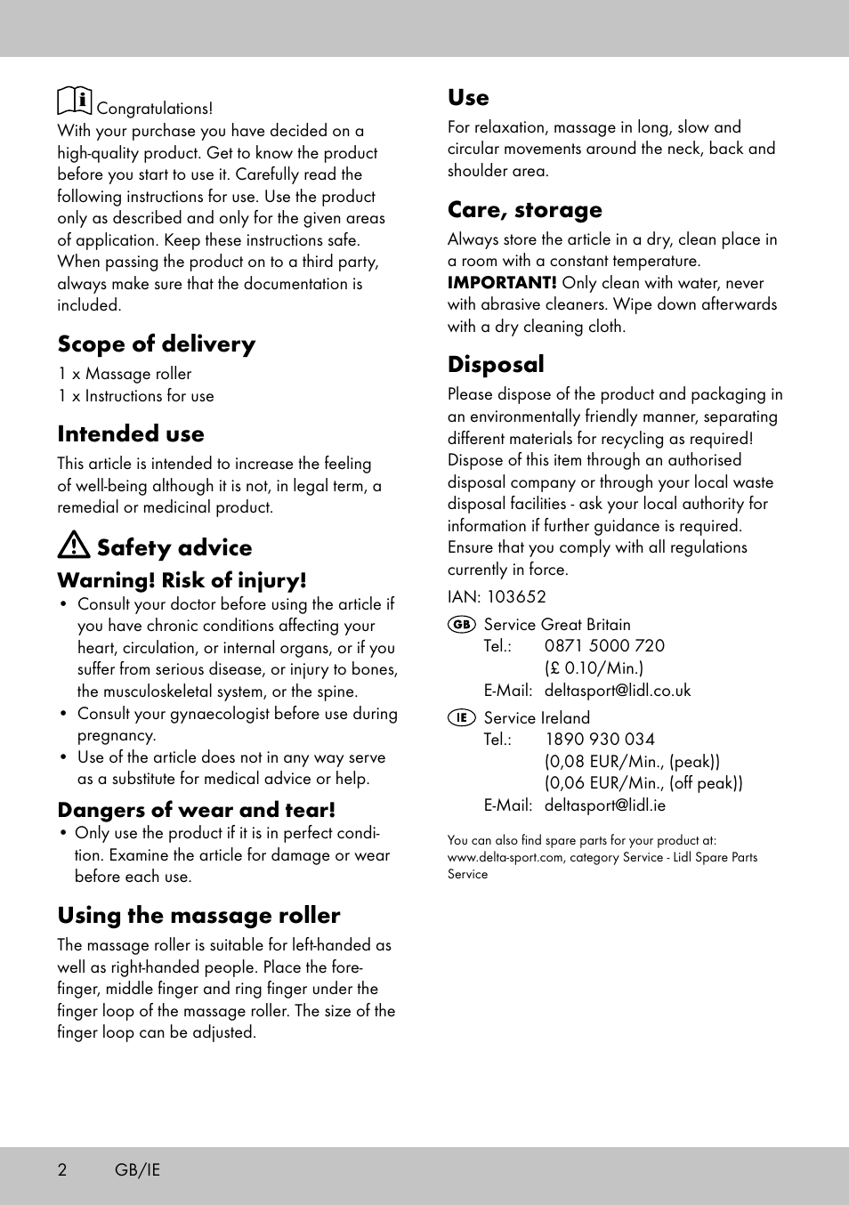 Scope of delivery, Intended use, Safety advice | Using the massage roller, Care, storage, Disposal, Warning! risk of injury, Dangers of wear and tear | Miomare MR-2095 User Manual | Page 2 / 12