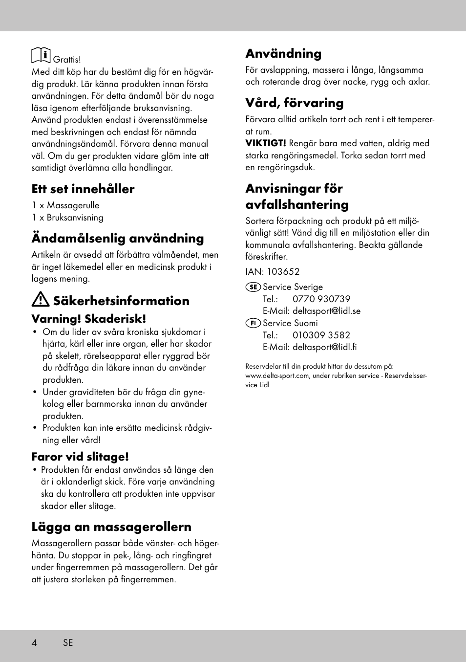 Användning, Vård, förvaring, Anvisningar för avfallshantering | Ett set innehåller, Ändamålsenlig användning, Säkerhetsinformation, Lägga an massagerollern | Miomare MR-2095 User Manual | Page 4 / 12