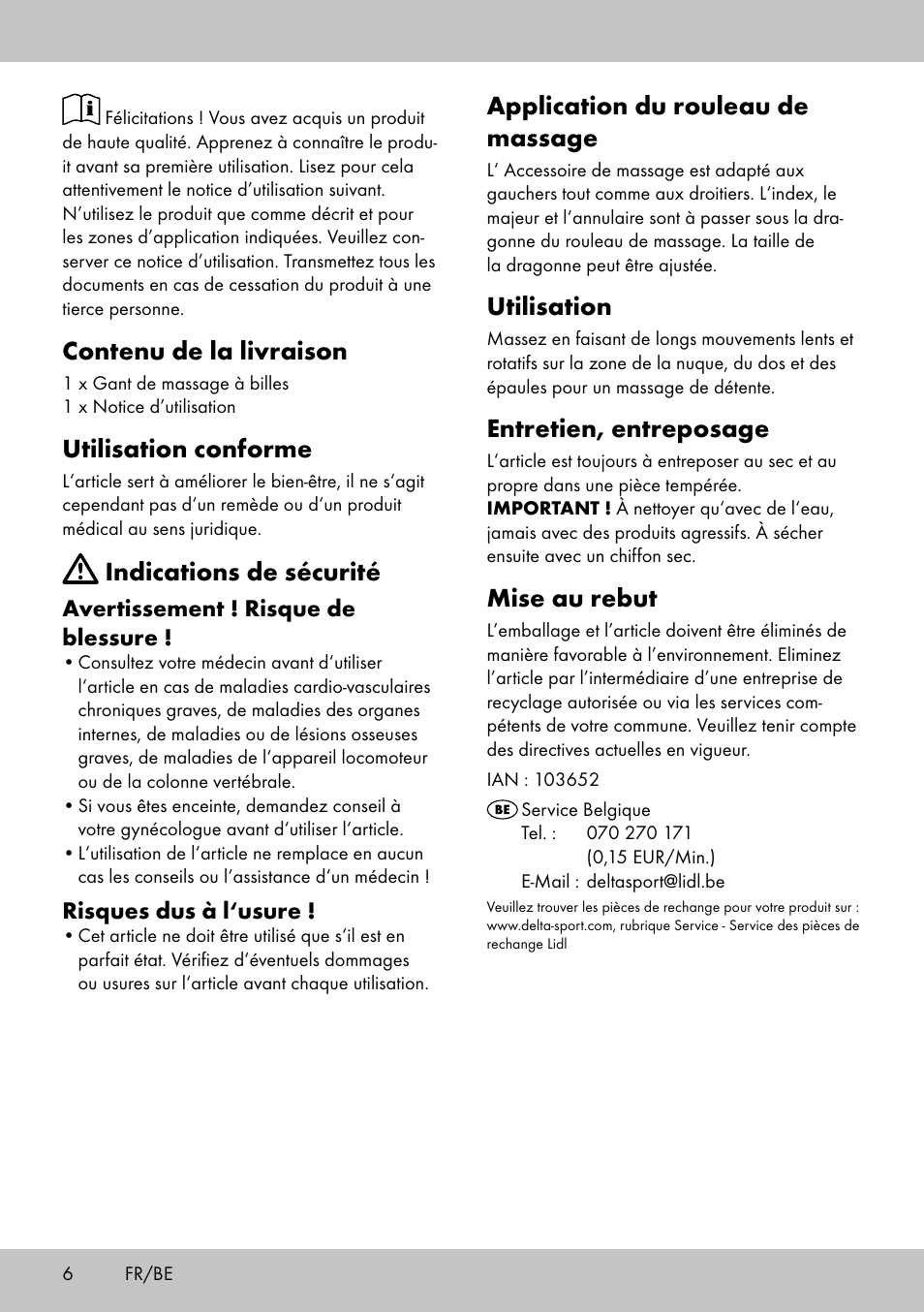 Application du rouleau de massage, Utilisation, Entretien, entreposage | Mise au rebut, Contenu de la livraison, Utilisation conforme, Indications de sécurité | Miomare MR-2095 User Manual | Page 6 / 12