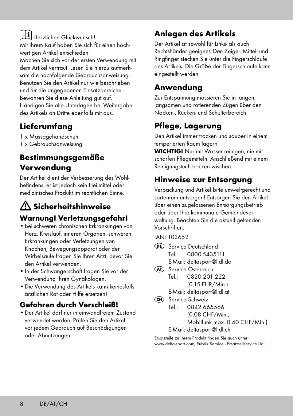 Anlegen des artikels, Anwendung, Pflege, lagerung | Hinweise zur entsorgung, Lieferumfang, Bestimmungsgemäße verwendung, Sicherheitshinweise, Warnung! verletzungsgefahr, Gefahren durch verschleiß | Miomare MR-2095 User Manual | Page 8 / 12