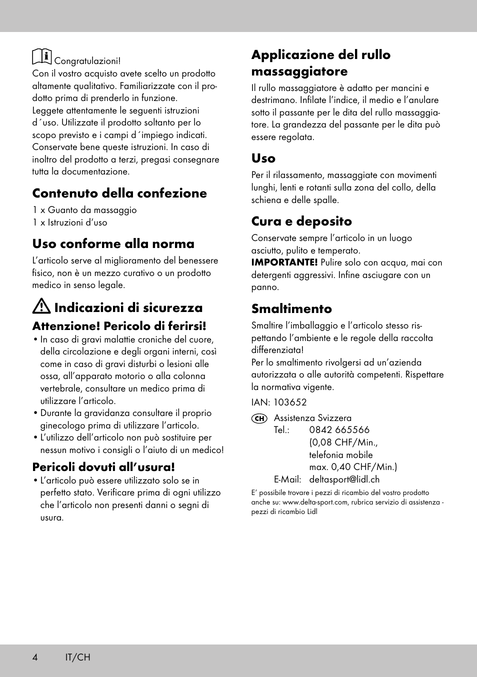 Applicazione del rullo massaggiatore, Cura e deposito, Smaltimento | Contenuto della confezione, Uso conforme alla norma, Indicazioni di sicurezza | Miomare MR-2095 User Manual | Page 4 / 8