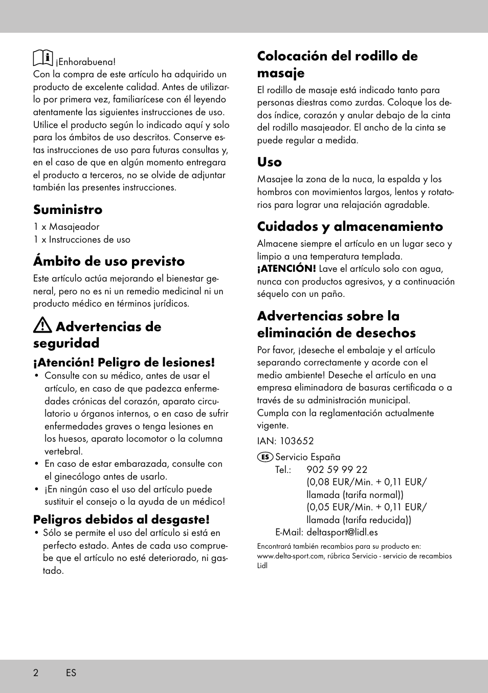 Colocación del rodillo de masaje, Cuidados y almacenamiento, Advertencias sobre la eliminación de desechos | Suministro, Ámbito de uso previsto, Advertencias de seguridad | Miomare MR-2095 User Manual | Page 2 / 8