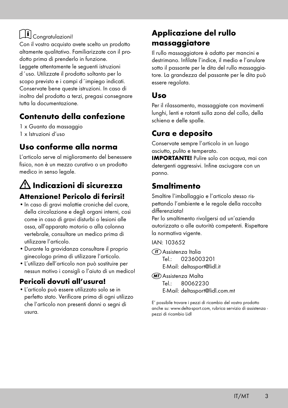 Applicazione del rullo massaggiatore, Cura e deposito, Smaltimento | Contenuto della confezione, Uso conforme alla norma, Indicazioni di sicurezza | Miomare MR-2095 User Manual | Page 3 / 8