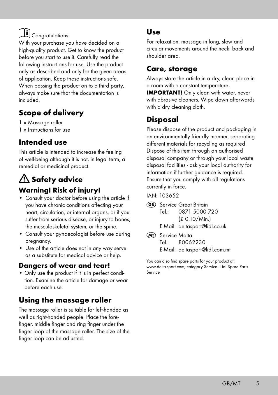 Scope of delivery, Intended use, Safety advice | Using the massage roller, Care, storage, Disposal, Warning! risk of injury, Dangers of wear and tear | Miomare MR-2095 User Manual | Page 5 / 8