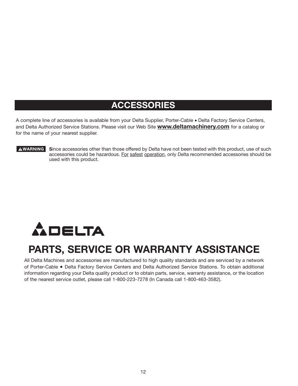 Parts, service or warranty assistance, Accessories | Delta 43-460 User Manual | Page 12 / 16