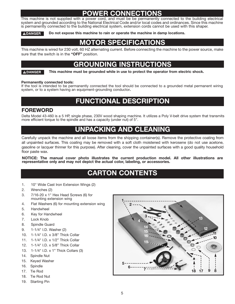 Power connections motor specifications, Grounding instructions, Functional description unpacking and cleaning | Carton contents, Foreword | Delta 43-460 User Manual | Page 5 / 16