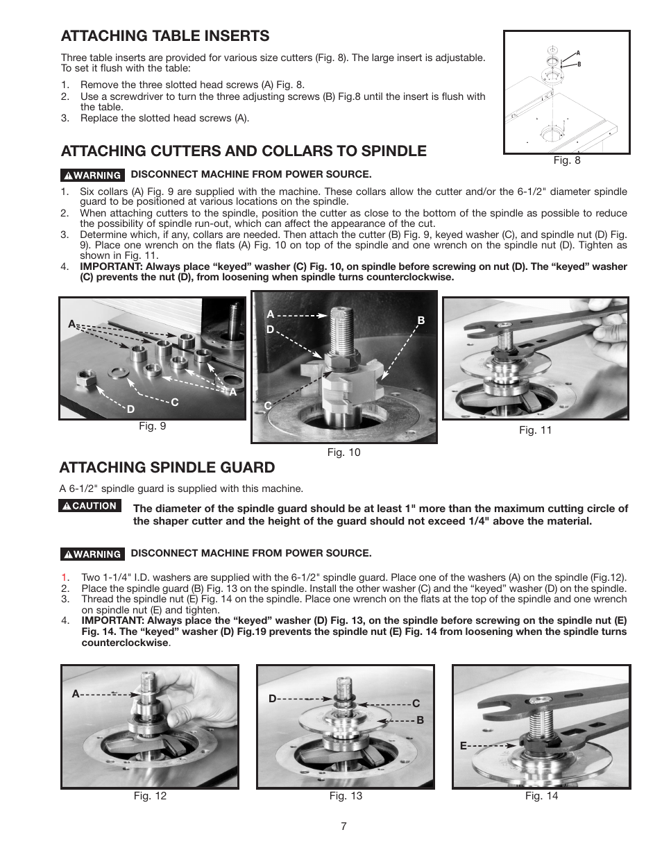 Attaching table inserts, Attaching cutters and collars to spindle, Attaching spindle guard | Delta 43-460 User Manual | Page 7 / 16