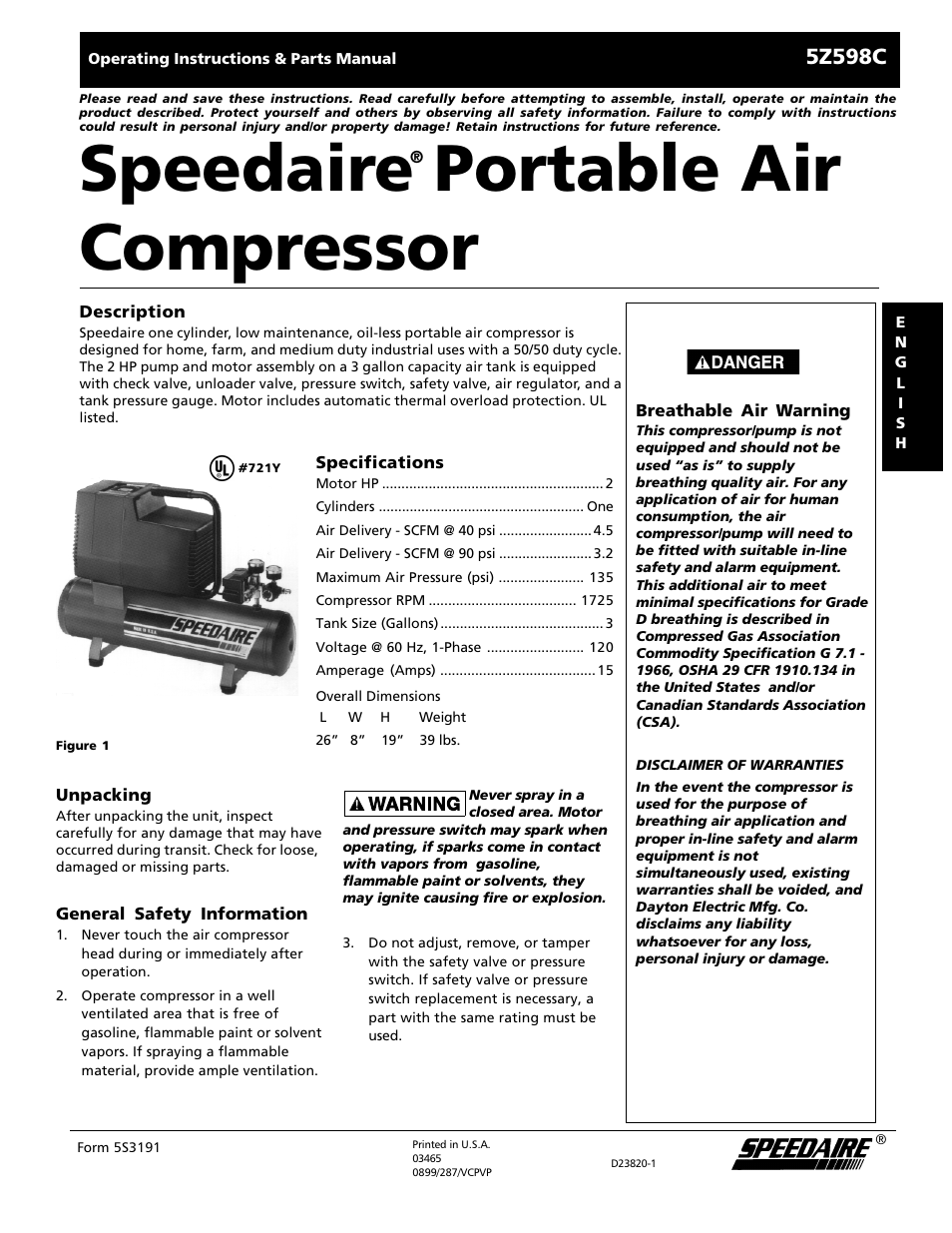 Speedaire 5Z598C User Manual | 12 pages