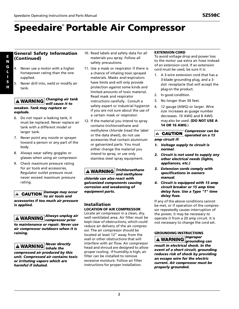 Speedaire, Portable air compressor | Speedaire 5Z598C User Manual | Page 2 / 12