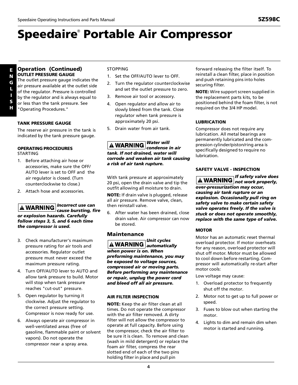 Speedaire, Portable air compressor | Speedaire 5Z598C User Manual | Page 4 / 12