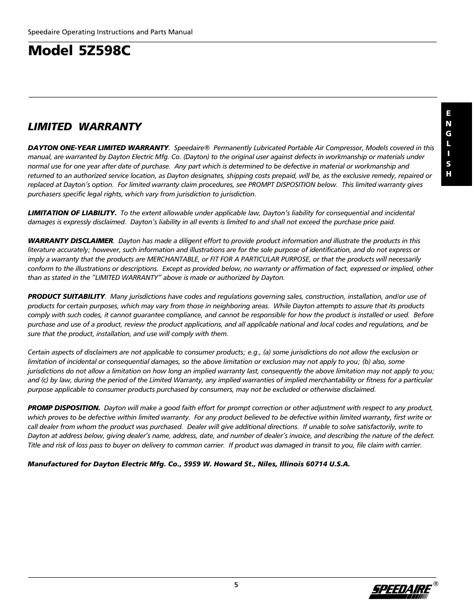 Model 5z598c, Limited warranty | Speedaire 5Z598C User Manual | Page 5 / 12