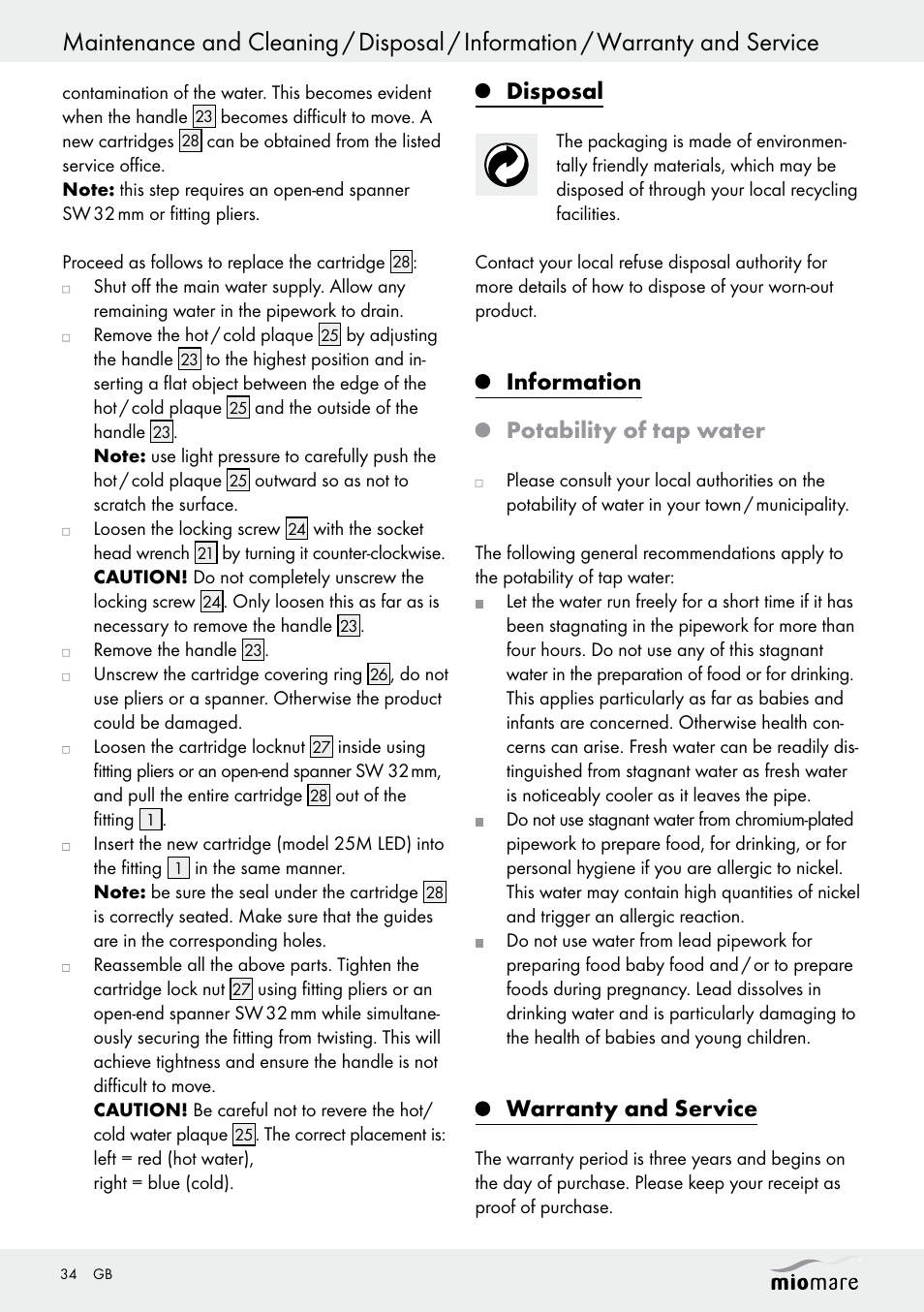 Disposal, Information potability of tap water, Warranty and service | Miomare LED Washbasin Fitting / LED Bath/Shower Fitting User Manual | Page 34 / 37