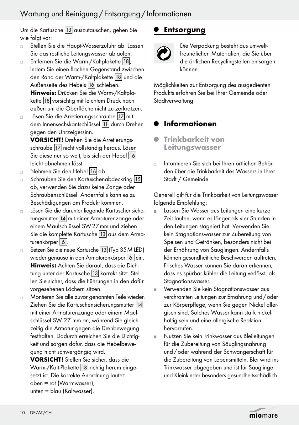 Wartung und reinigung / entsorgung / informationen, Entsorgung, Informationen trinkbarkeit von leitungswasser | Miomare LED Washbasin Fitting / LED Bath/Shower Fitting User Manual | Page 10 / 37