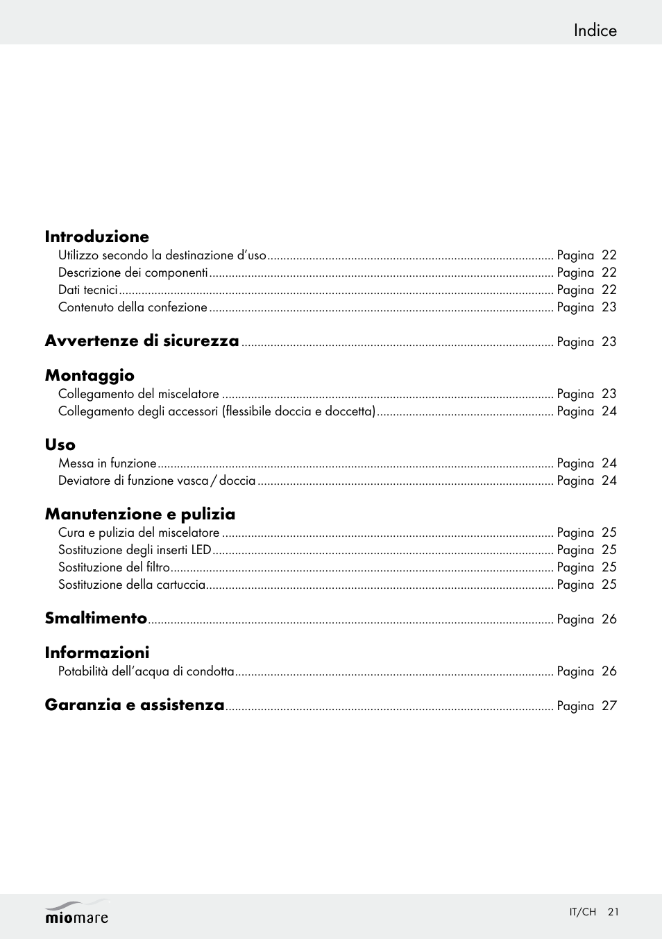 Indice | Miomare LED Washbasin Fitting / LED Bath/Shower Fitting User Manual | Page 21 / 37