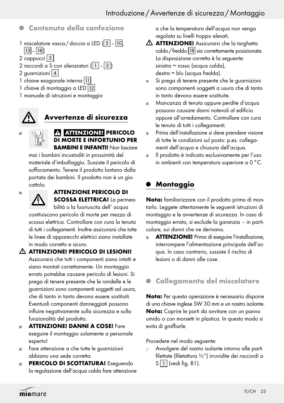 Introduzione / avvertenze di sicurezza / montaggio, Contenuto della confezione, Avvertenze di sicurezza | Montaggio, Collegamento del miscelatore | Miomare LED Washbasin Fitting / LED Bath/Shower Fitting User Manual | Page 23 / 37
