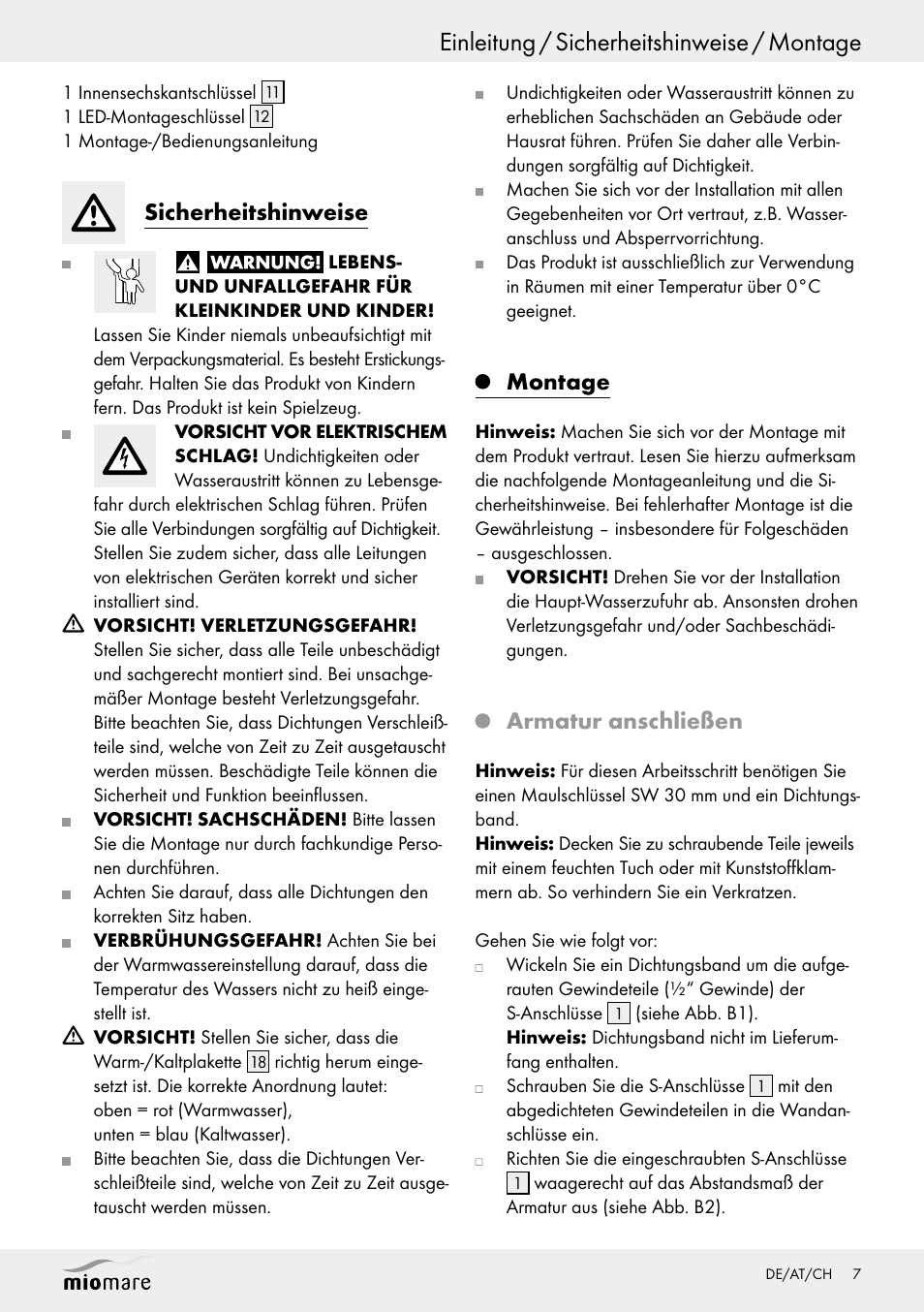 Einleitung / sicherheitshinweise / montage, Sicherheitshinweise, Montage | Armatur anschließen | Miomare LED Washbasin Fitting / LED Bath/Shower Fitting User Manual | Page 7 / 37