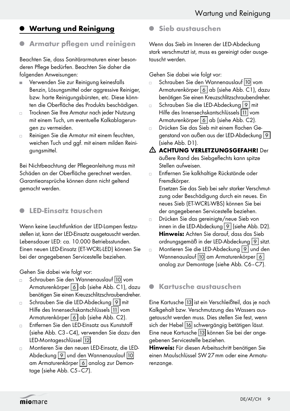 Wartung und reinigung, Wartung und reinigung armatur pflegen und reinigen, Led-einsatz tauschen | Sieb austauschen, Kartusche austauschen | Miomare LED Washbasin Fitting / LED Bath/Shower Fitting User Manual | Page 9 / 37