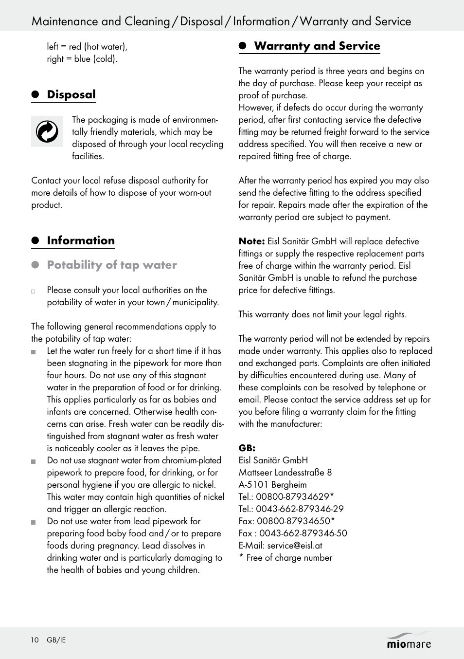 Disposal, Information potability of tap water, Warranty and service | Miomare LED Washbasin Fitting / LED Bath/Shower Fitting User Manual | Page 10 / 37