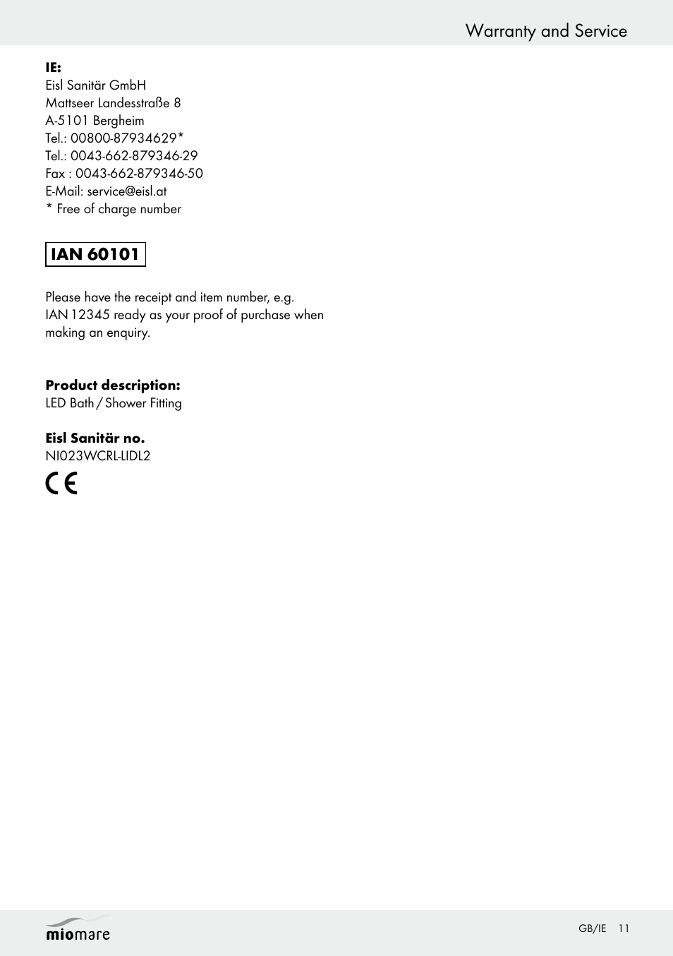 Warranty and service | Miomare LED Washbasin Fitting / LED Bath/Shower Fitting User Manual | Page 11 / 37
