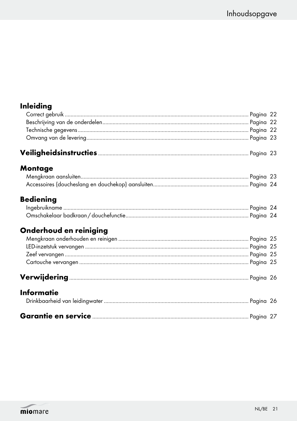 Inhoudsopgave | Miomare LED Washbasin Fitting / LED Bath/Shower Fitting User Manual | Page 21 / 37