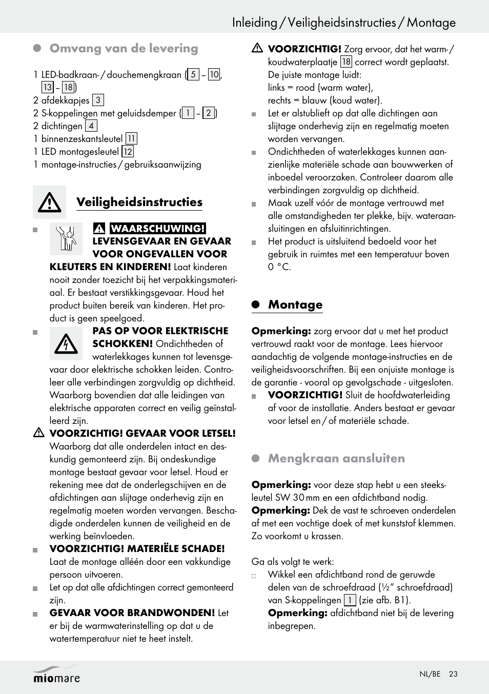 Inleiding / veiligheidsinstructies / montage, Omvang van de levering, Veiligheidsinstructies | Montage, Mengkraan aansluiten | Miomare LED Washbasin Fitting / LED Bath/Shower Fitting User Manual | Page 23 / 37