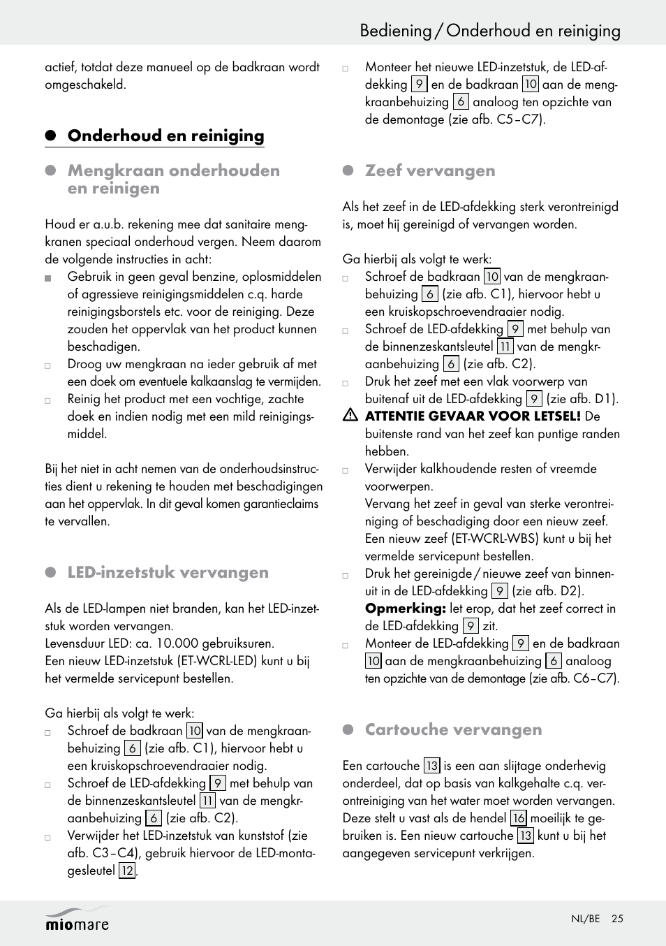 Bediening / onderhoud en reiniging, Led-inzetstuk vervangen, Zeef vervangen | Cartouche vervangen | Miomare LED Washbasin Fitting / LED Bath/Shower Fitting User Manual | Page 25 / 37