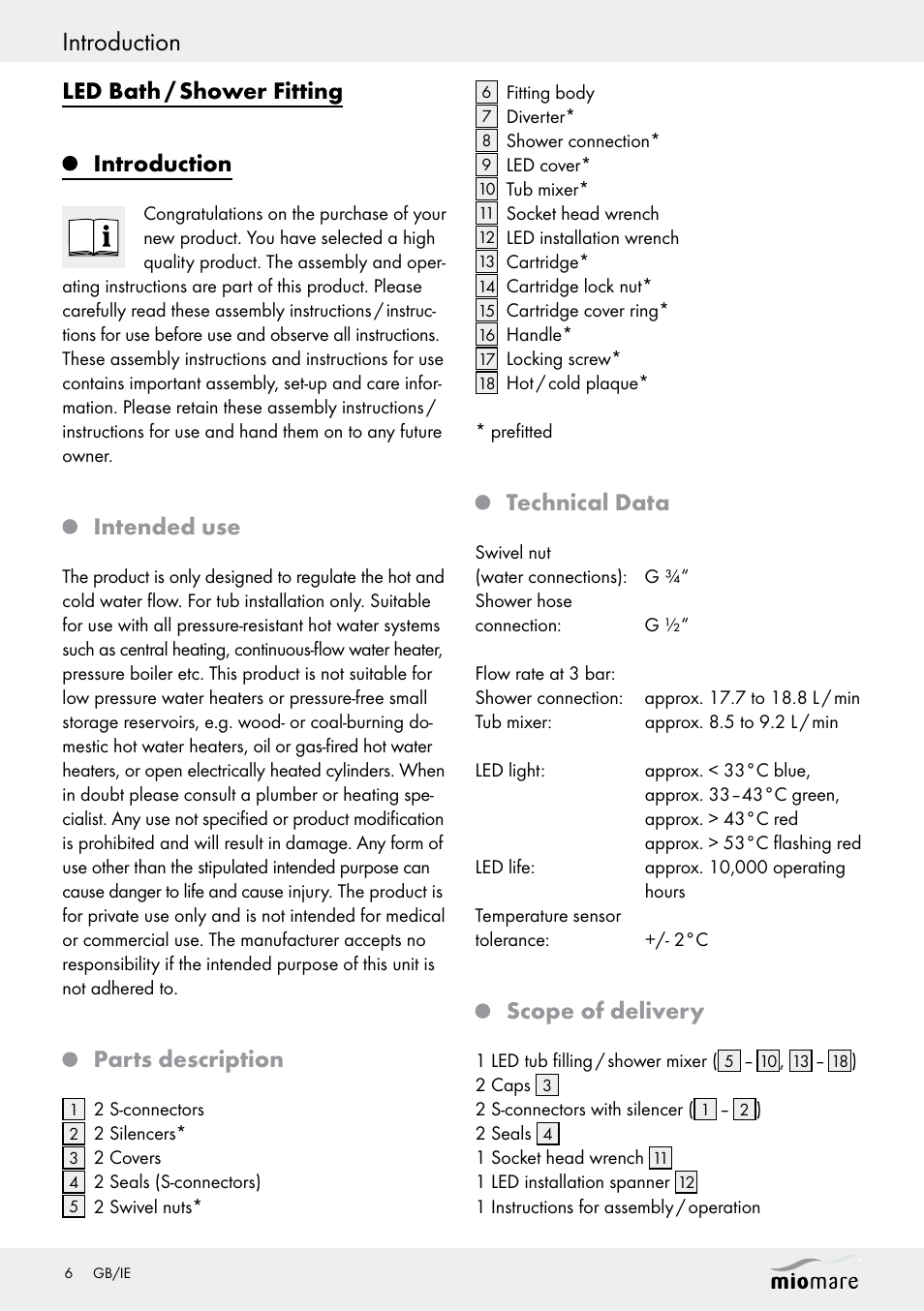 Introduction, Led bath / shower fitting introduction, Intended use | Parts description, Technical data, Scope of delivery | Miomare LED Washbasin Fitting / LED Bath/Shower Fitting User Manual | Page 6 / 37