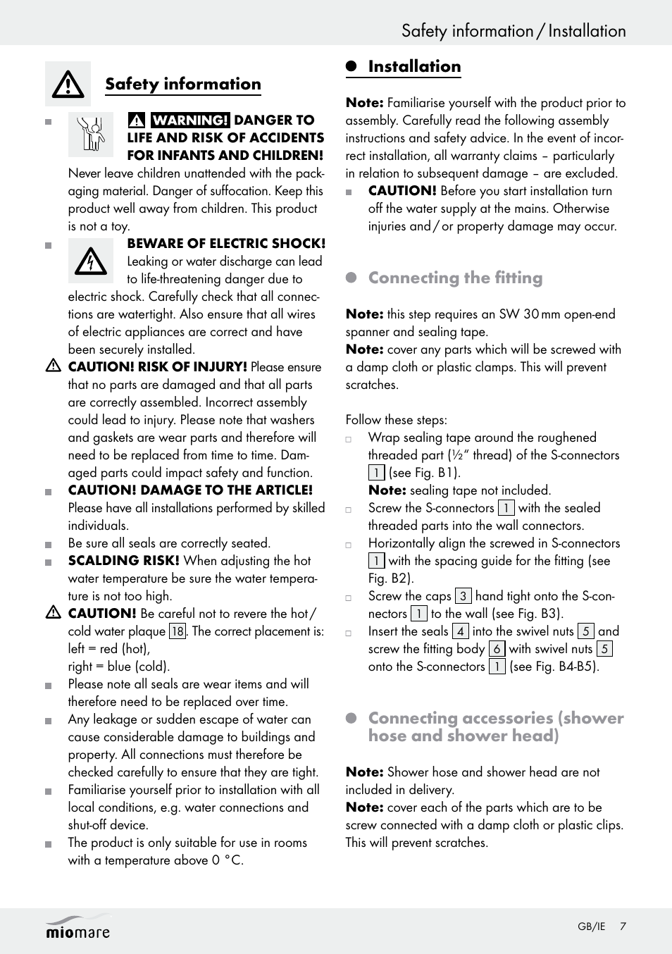 Safety information / installation, Safety information, Installation | Connecting the fitting | Miomare LED Washbasin Fitting / LED Bath/Shower Fitting User Manual | Page 7 / 37