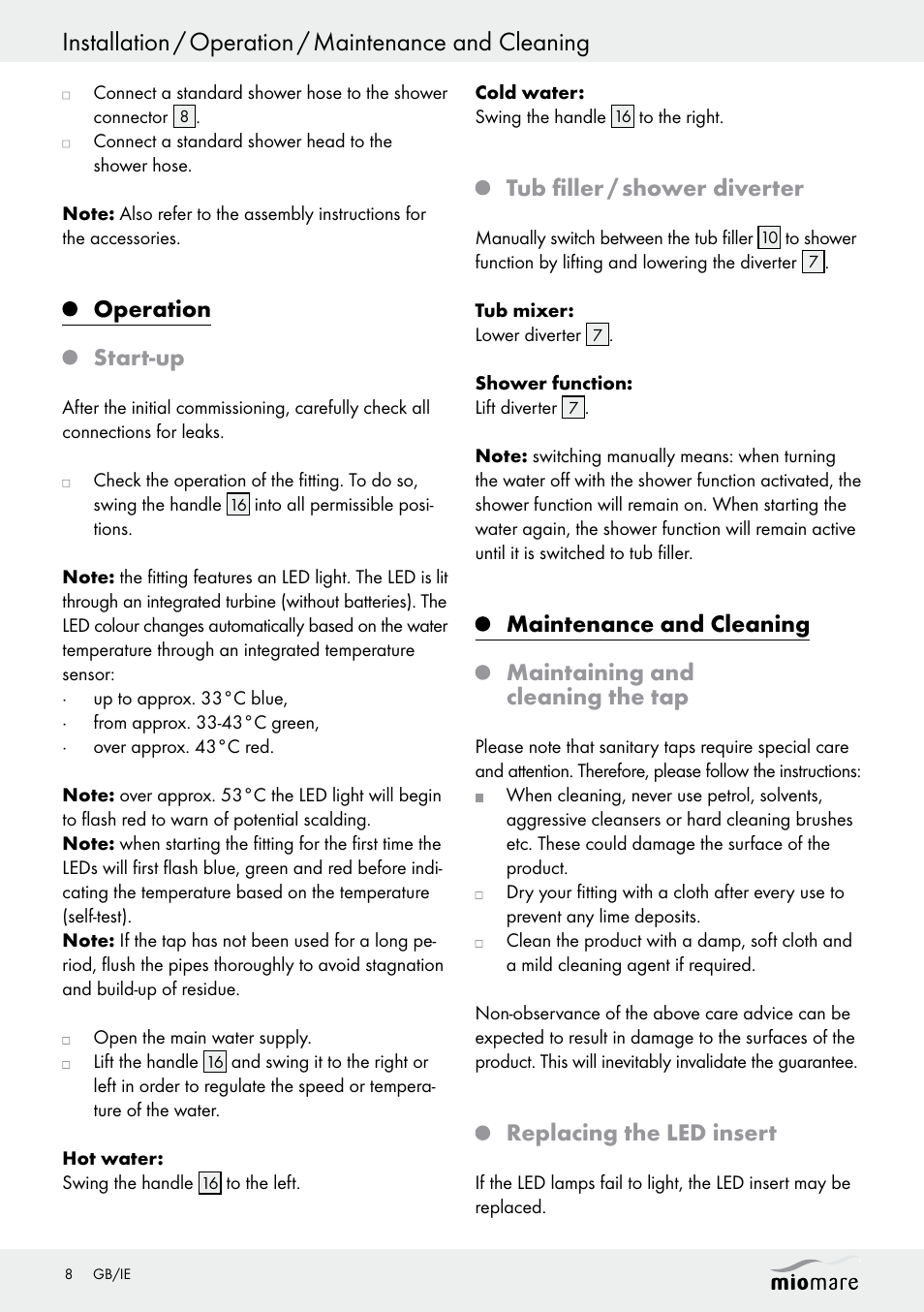 Operation start-up, Tub filler / shower diverter, Replacing the led insert | Miomare LED Washbasin Fitting / LED Bath/Shower Fitting User Manual | Page 8 / 37