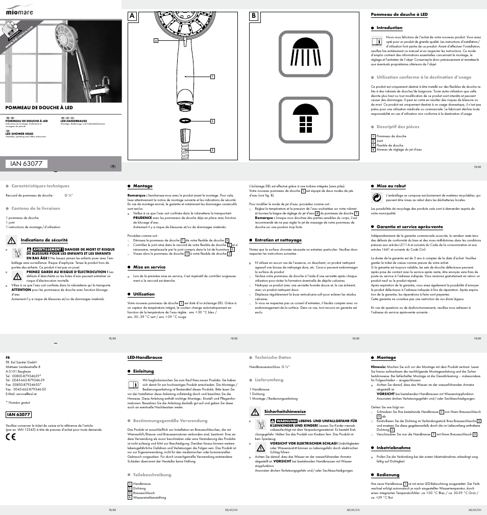 Miomare LED Shower Head User Manual | 2 pages