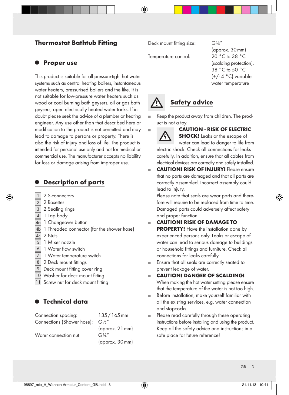 Thermostat bathtub fitting proper use, Description of parts, Technical data | Safety advice | Miomare Z31402A-GB User Manual | Page 3 / 8