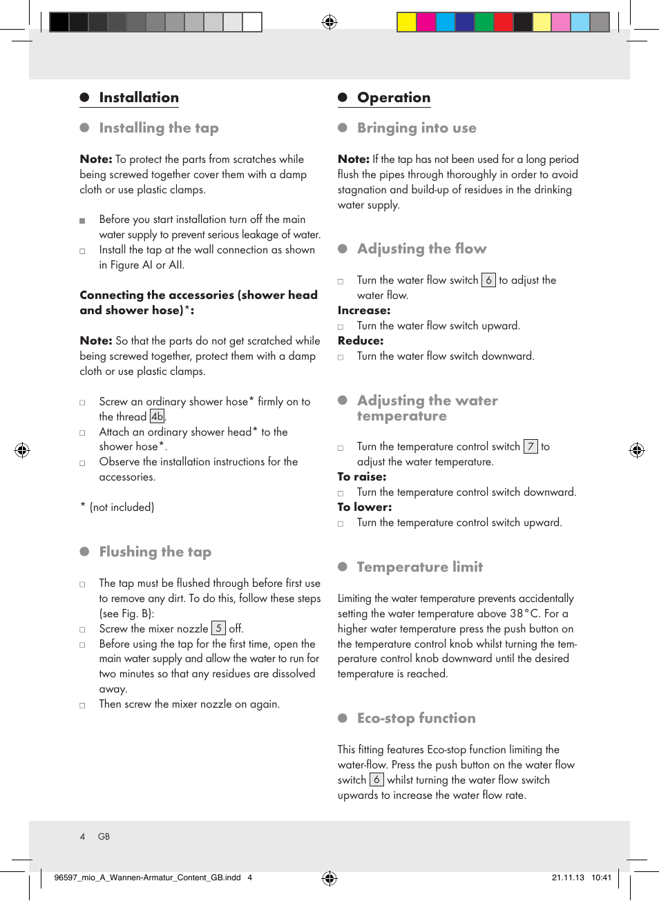 Installation installing the tap, Flushing the tap, Operation bringing into use | Adjusting the flow, Adjusting the water temperature, Temperature limit, Eco-stop function | Miomare Z31402A-GB User Manual | Page 4 / 8