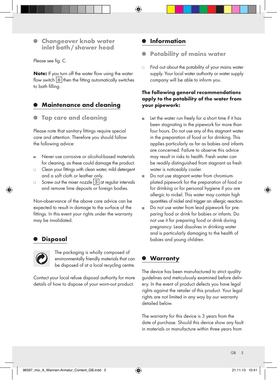 Changeover knob water inlet bath / shower head, Maintenance and cleaning tap care and cleaning, Disposal | Information potability of mains water, Warranty | Miomare Z31402A-GB User Manual | Page 5 / 8