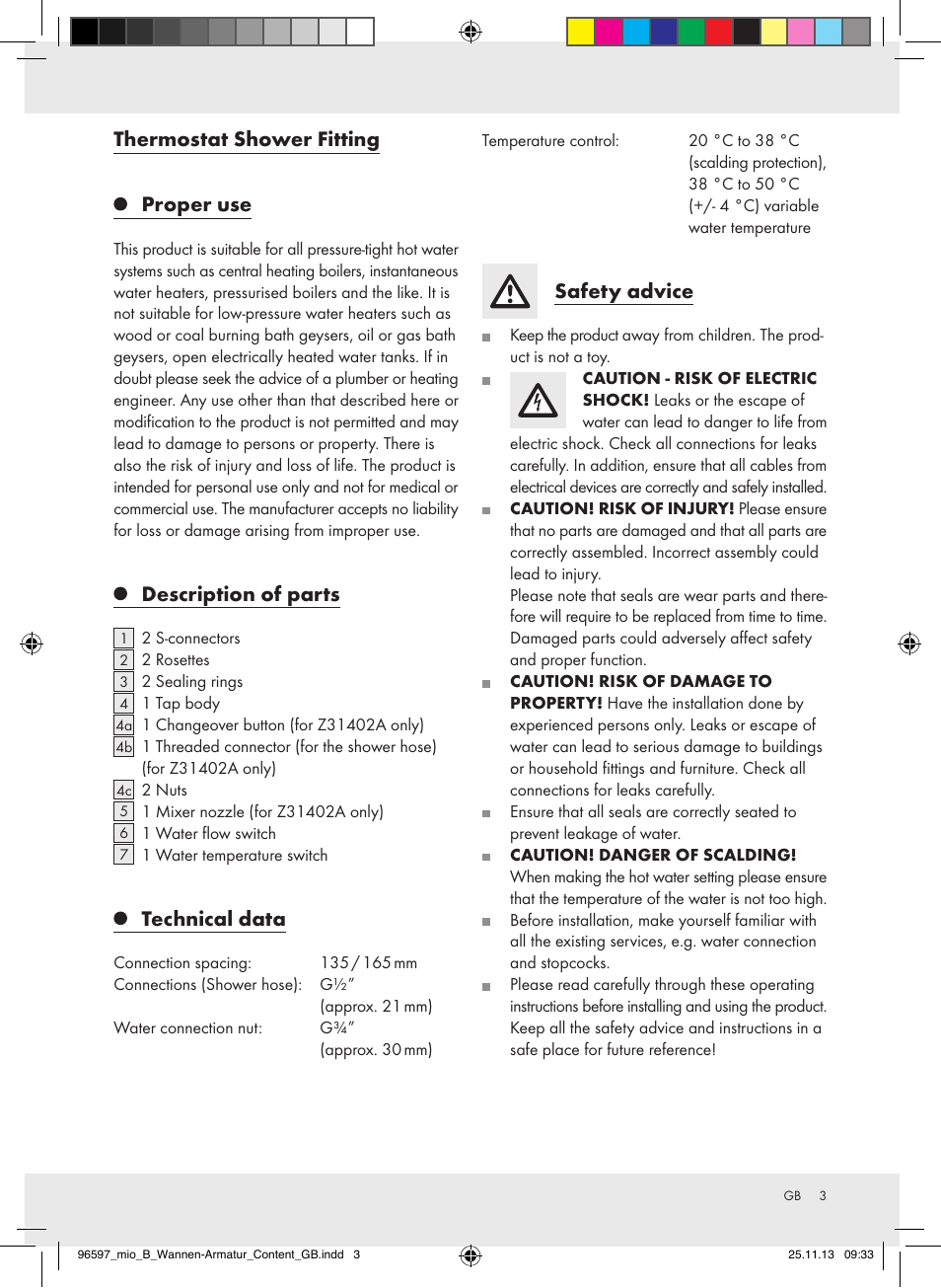 Thermostat shower fitting proper use, Description of parts, Technical data | Safety advice | Miomare Z31402B-GB User Manual | Page 3 / 8