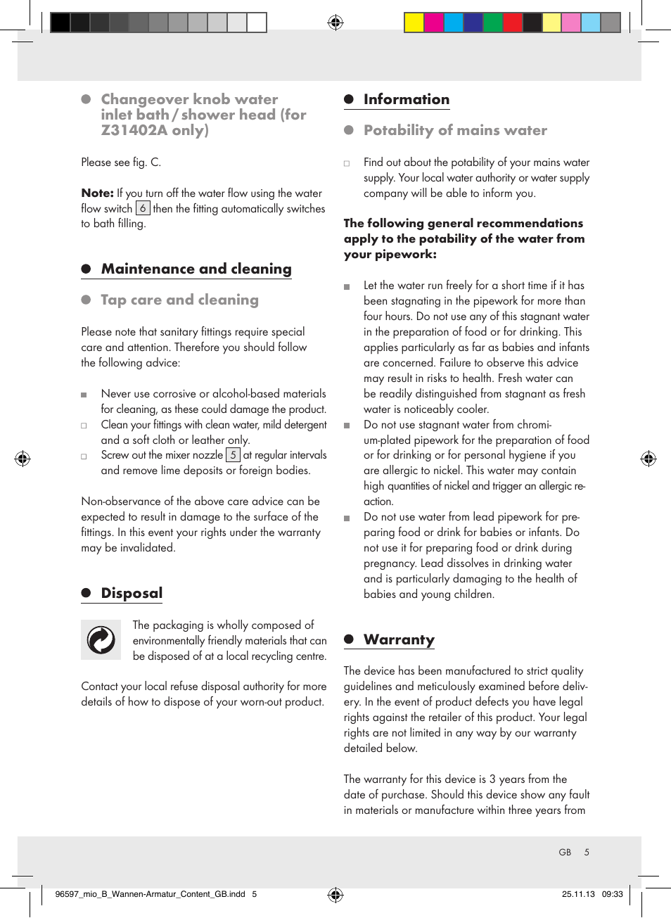 Maintenance and cleaning tap care and cleaning, Disposal, Information potability of mains water | Warranty | Miomare Z31402B-GB User Manual | Page 5 / 8