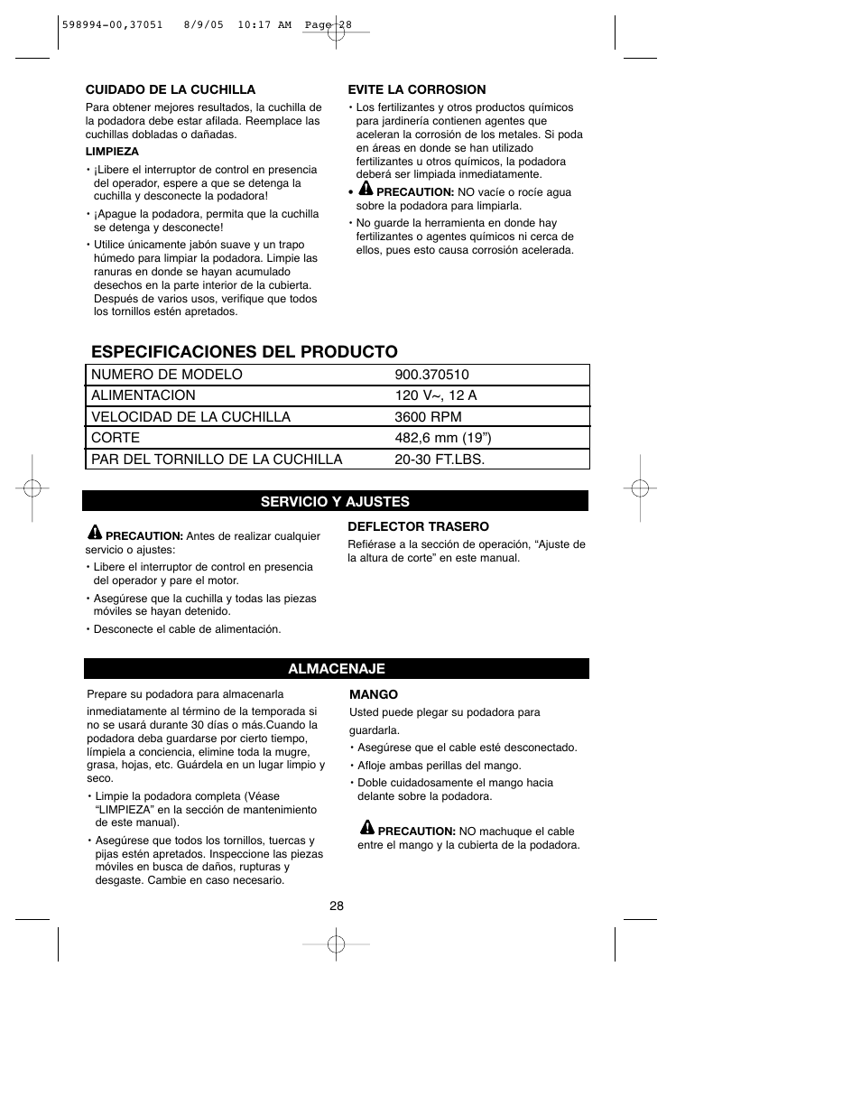 Especificaciones del producto | Craftsman 900.370510 User Manual | Page 28 / 33