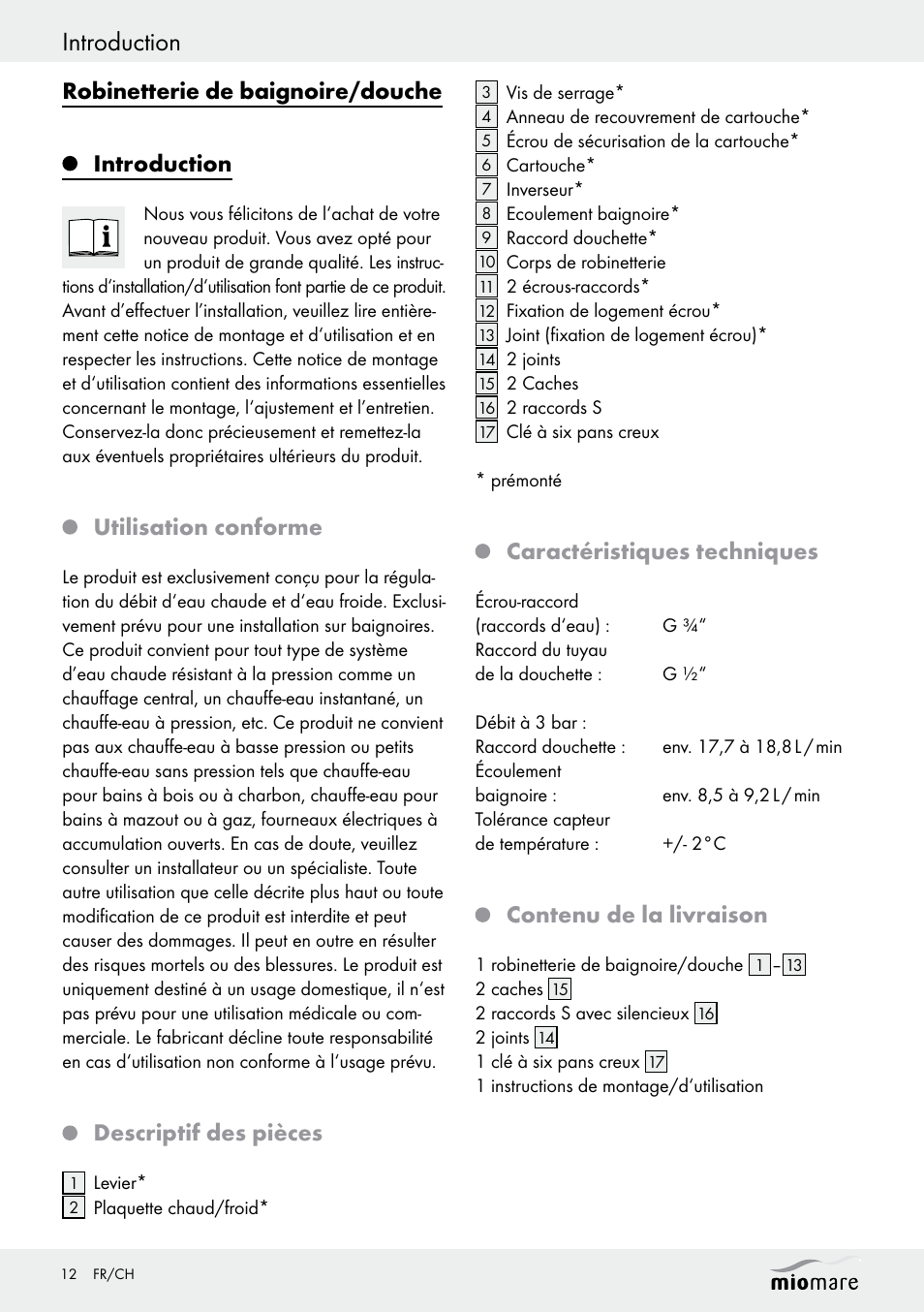 Introduction, Robinetterie de baignoire/douche introduction, Utilisation conforme | Descriptif des pièces, Caractéristiques techniques, Contenu de la livraison | Miomare Sink Mixer Tap / Kitchen Mixer Tap / Bath and Shower Mixer Tap User Manual | Page 12 / 29