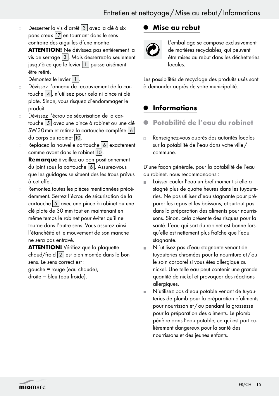 Mise au rebut, Informations potabilité de l’eau du robinet | Miomare Sink Mixer Tap / Kitchen Mixer Tap / Bath and Shower Mixer Tap User Manual | Page 15 / 29