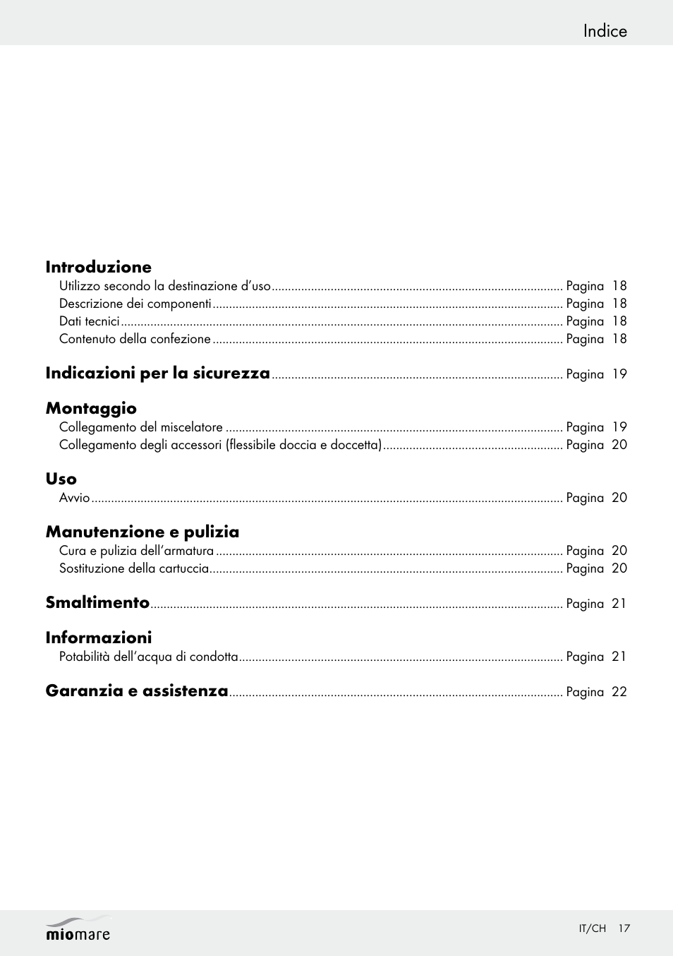 Indice | Miomare Sink Mixer Tap / Kitchen Mixer Tap / Bath and Shower Mixer Tap User Manual | Page 17 / 29