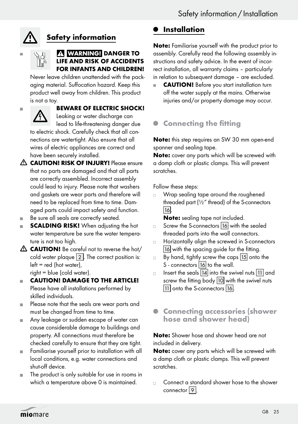 Safety information / installation, Safety information, Installation | Connecting the fitting | Miomare Sink Mixer Tap / Kitchen Mixer Tap / Bath and Shower Mixer Tap User Manual | Page 25 / 29