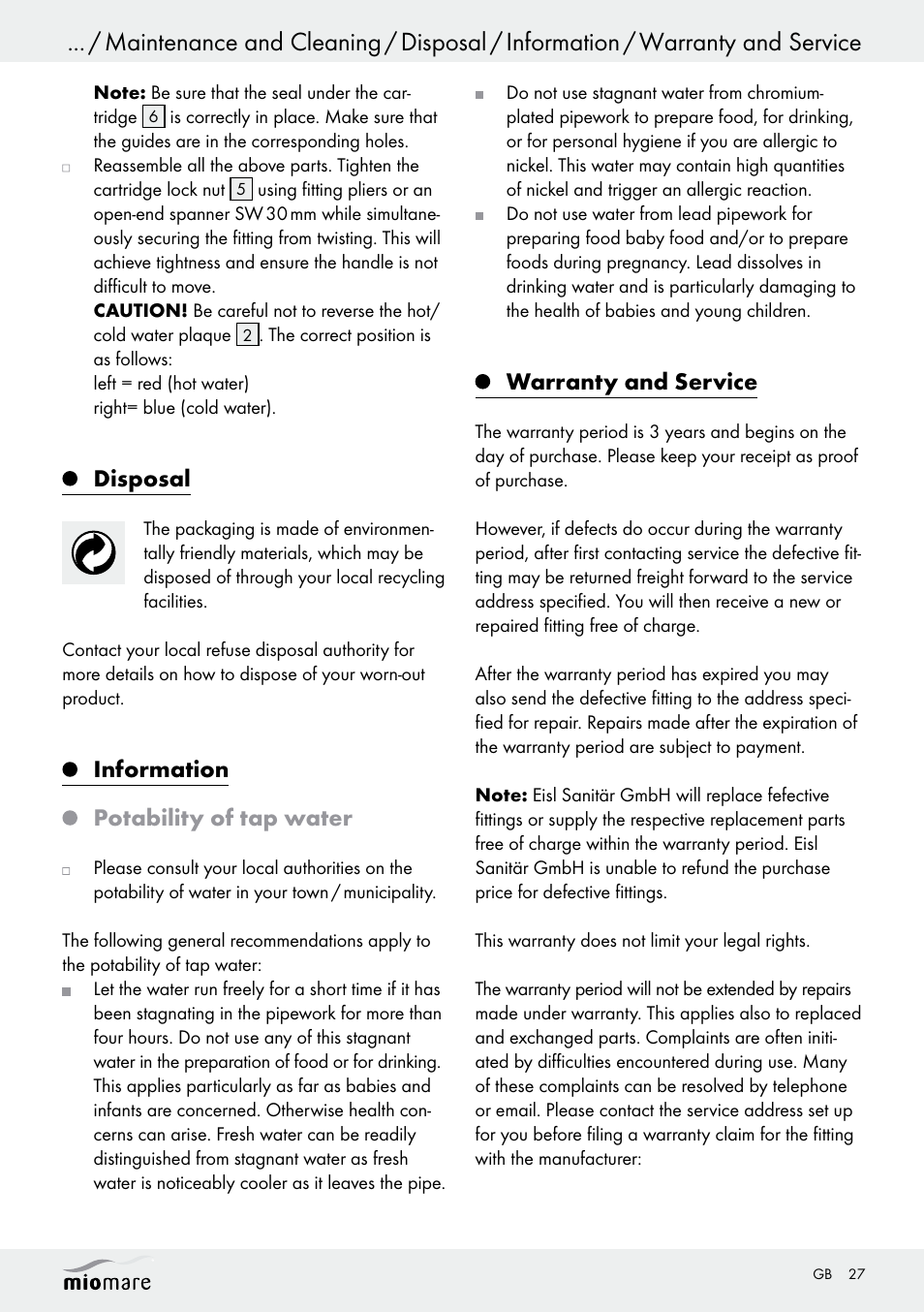 Disposal, Information potability of tap water, Warranty and service | Miomare Sink Mixer Tap / Kitchen Mixer Tap / Bath and Shower Mixer Tap User Manual | Page 27 / 29