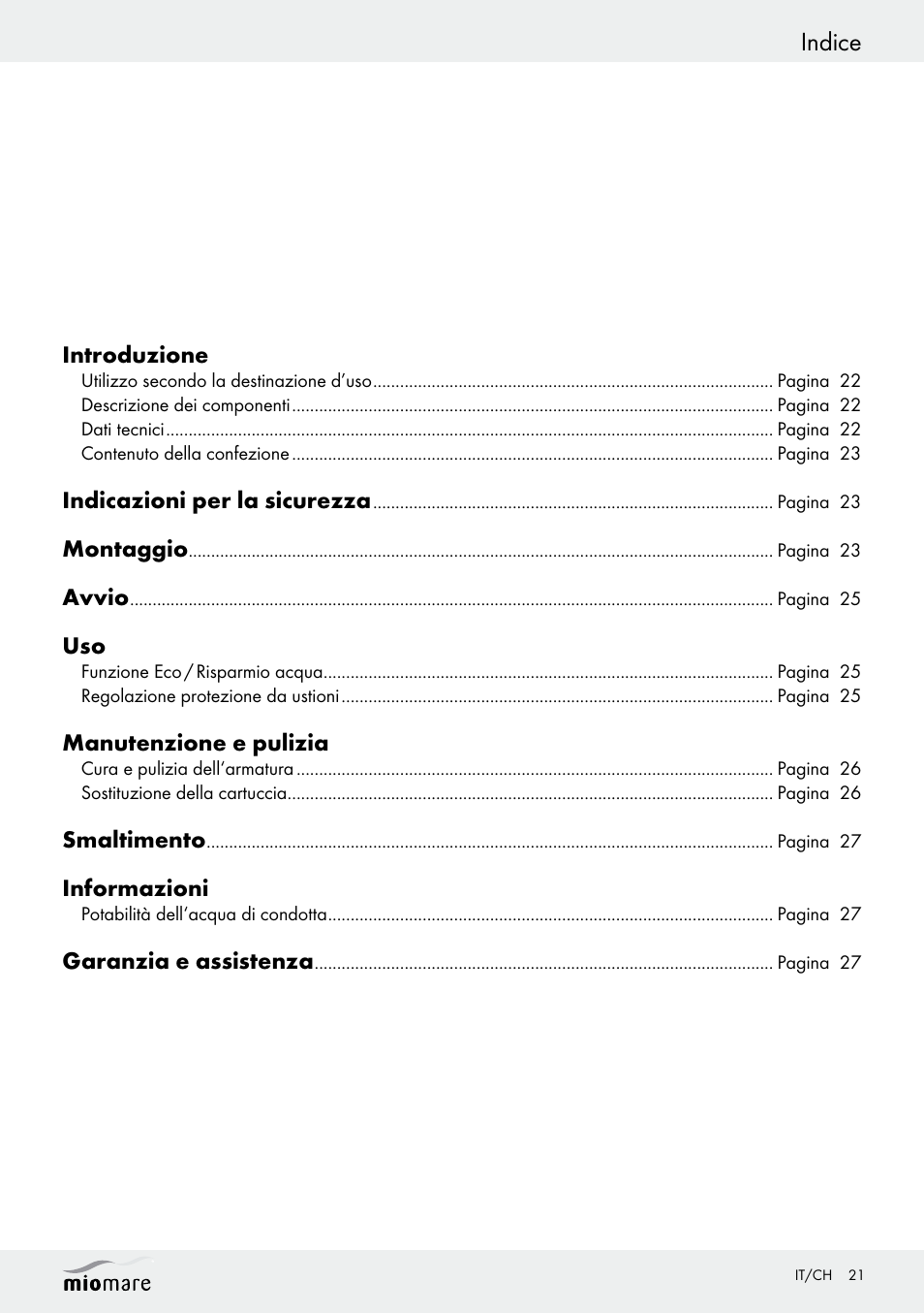 Indice | Miomare Sink Mixer Tap / Kitchen Mixer Tap / Bath and Shower Mixer Tap User Manual | Page 21 / 37