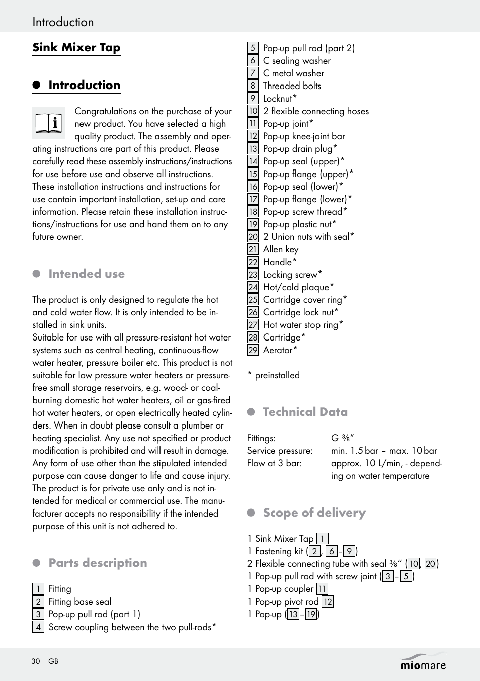 Introduction, Sink mixer tap introduction, Intended use | Parts description, Technical data, Scope of delivery | Miomare Sink Mixer Tap / Kitchen Mixer Tap / Bath and Shower Mixer Tap User Manual | Page 30 / 37