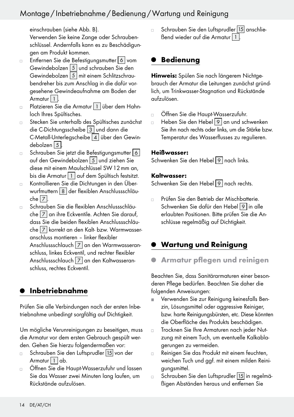 Inbetriebnahme, Bedienung, Wartung und reinigung armatur pflegen und reinigen | Miomare Sink Mixer Tap / Kitchen Mixer Tap User Manual | Page 14 / 25