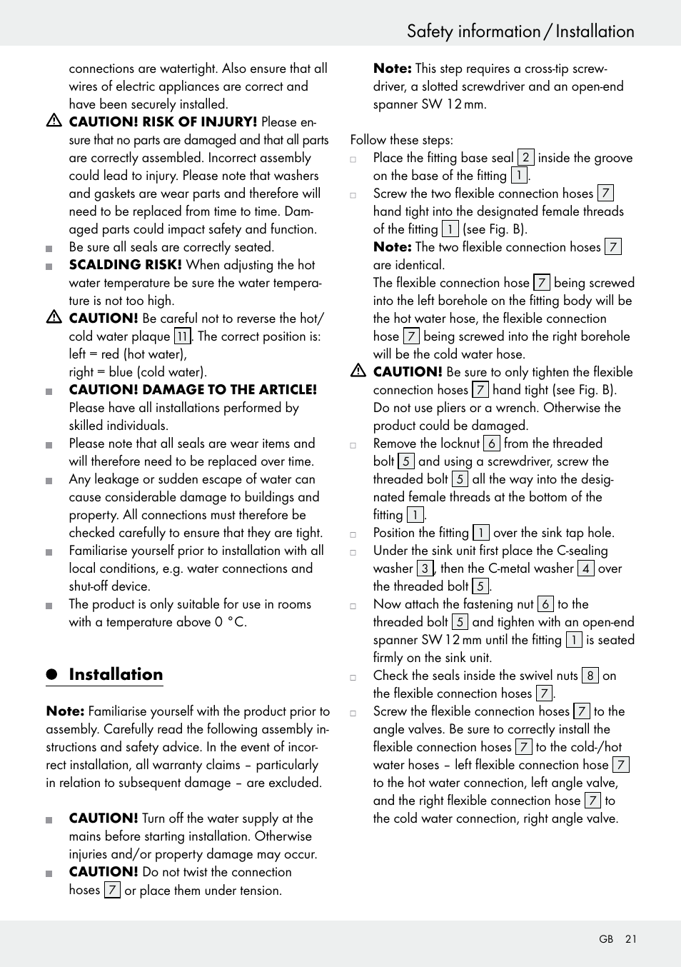 Safety information / installation, Installation | Miomare Sink Mixer Tap / Kitchen Mixer Tap User Manual | Page 21 / 25