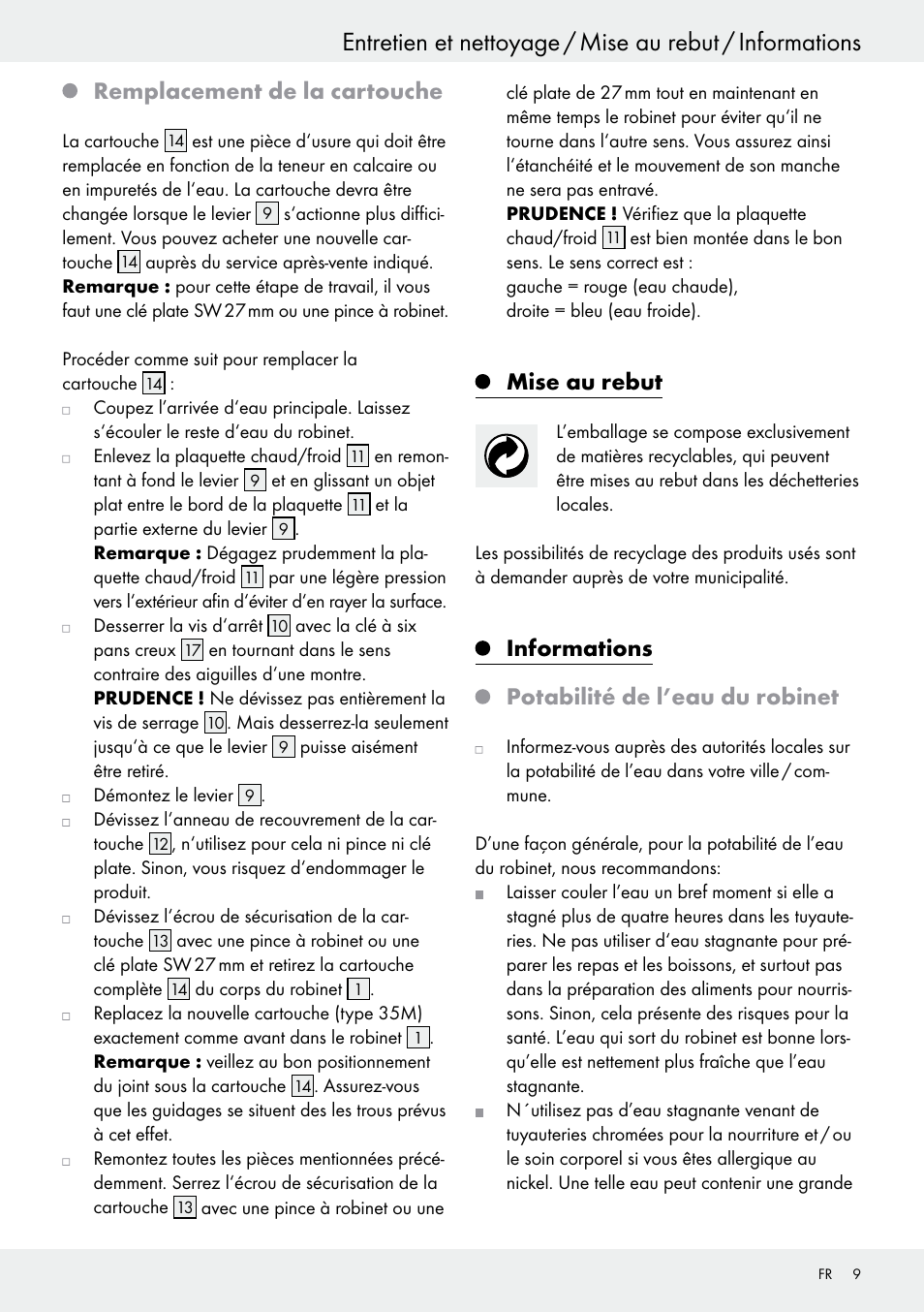 Remplacement de la cartouche, Mise au rebut, Informations potabilité de l’eau du robinet | Miomare Sink Mixer Tap / Kitchen Mixer Tap User Manual | Page 9 / 25