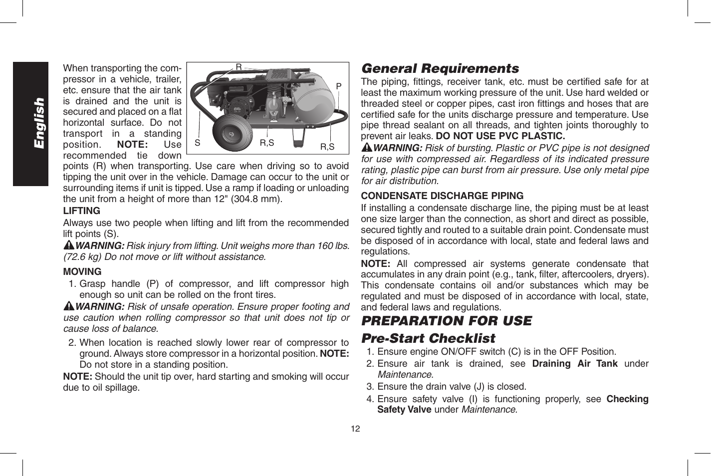 English, General requirements, Preparation for use pre-start checklist | DeWalt D55273 User Manual | Page 12 / 80