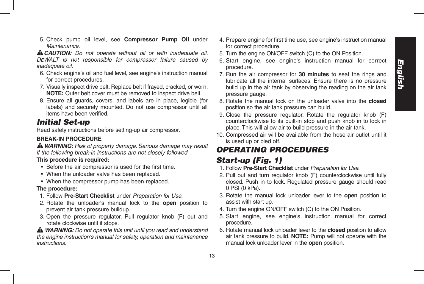 English, Initial set-up, Operating procedures start-up (fig. 1) | DeWalt D55273 User Manual | Page 13 / 80